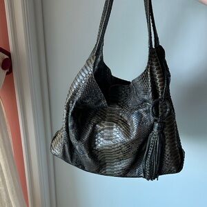 Black/green  genuine Python skin Shoulder Bag with Tassel Accent and makeup bag